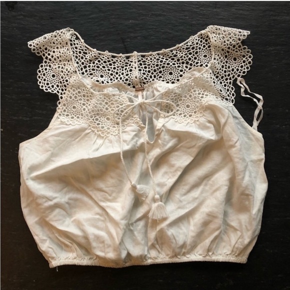 Free People] Off white Linen Cotton Crochet Tassel tie Crop Oversized Top Blouse - Picture 11 of 14